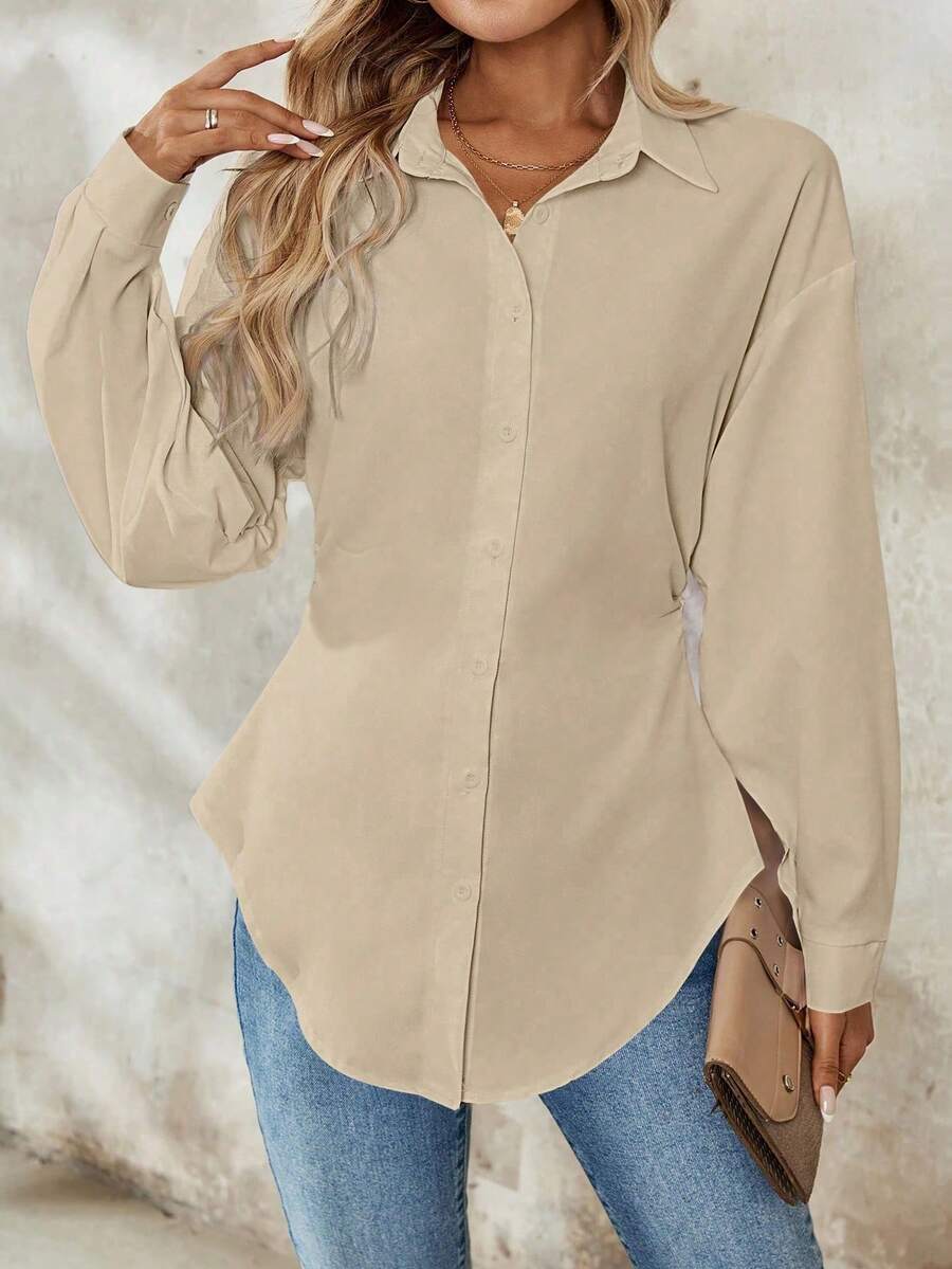 Airlisse Women's French Elegant Casual Cinched Waist Ruched Long Sleeve White Blouse, Suitable For Work And School