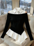 Franclia Women's French-Style Minimalist Fashion Irregular Faux Two-Piece Off-Shoulder PLOL Collar Long-Sleeved Classic Black And White Color-Blocked New Women's Top, Black And White Color-Blocked Shirtwinter For Women,Christmas,New Year ,White For New Year's Eve,Party,Beach,Elegant,Casual,Casual For Women,Romance, Valentine's Day, Dating,Graduation Season Attire, Fashionable Casual Commuter Wear, Business Office Wear, Versatile And Stylish Everyday Casual Wear, Urban Teacher's Professional Attire
