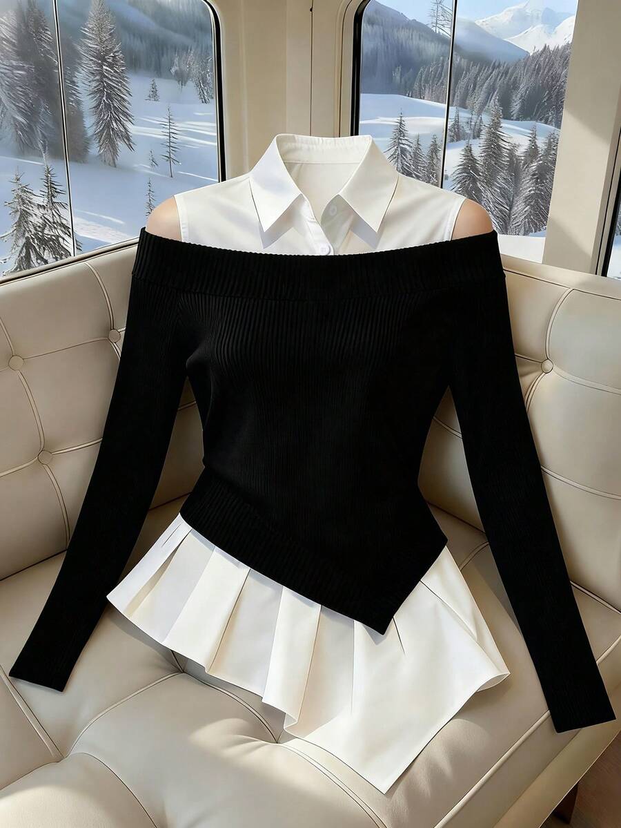 Franclia Women's French-Style Minimalist Fashion Irregular Faux Two-Piece Off-Shoulder PLOL Collar Long-Sleeved Classic Black And White Color-Blocked New Women's Top, Black And White Color-Blocked Shirtwinter For Women,Christmas,New Year ,White For New Year's Eve,Party,Beach,Elegant,Casual,Casual For Women,Romance, Valentine's Day, Dating,Graduation Season Attire, Fashionable Casual Commuter Wear, Business Office Wear, Versatile And Stylish Everyday Casual Wear, Urban Teacher's Professional Attire