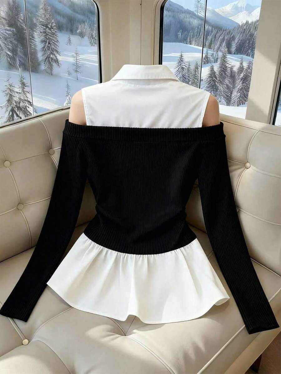 Franclia Women's French-Style Minimalist Fashion Irregular Faux Two-Piece Off-Shoulder PLOL Collar Long-Sleeved Classic Black And White Color-Blocked New Women's Top, Black And White Color-Blocked Shirtwinter For Women,Christmas,New Year ,White For New Year's Eve,Party,Beach,Elegant,Casual,Casual For Women,Romance, Valentine's Day, Dating,Graduation Season Attire, Fashionable Casual Commuter Wear, Business Office Wear, Versatile And Stylish Everyday Casual Wear, Urban Teacher's Professional Attire