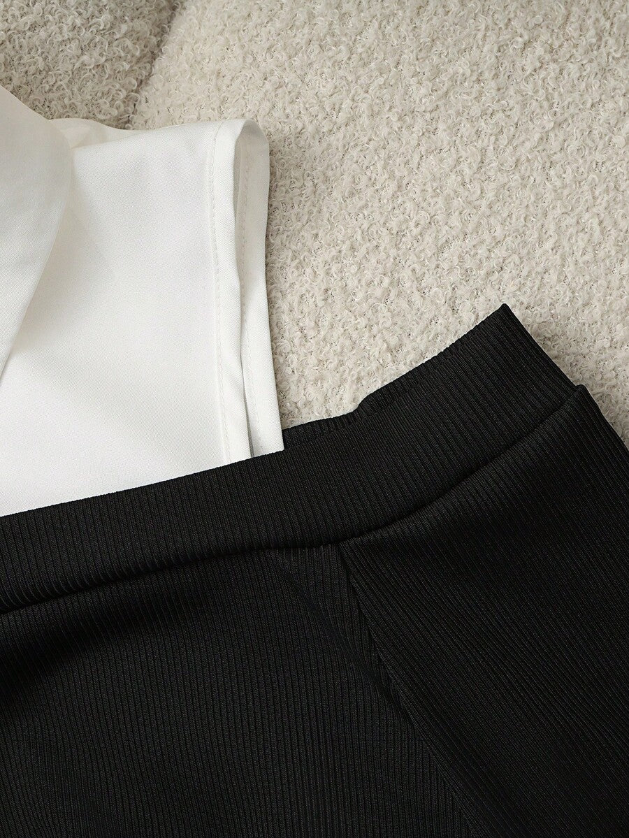 Franclia Women's French-Style Minimalist Fashion Irregular Faux Two-Piece Off-Shoulder PLOL Collar Long-Sleeved Classic Black And White Color-Blocked New Women's Top, Black And White Color-Blocked Shirtwinter For Women,Christmas,New Year ,White For New Year's Eve,Party,Beach,Elegant,Casual,Casual For Women,Romance, Valentine's Day, Dating,Graduation Season Attire, Fashionable Casual Commuter Wear, Business Office Wear, Versatile And Stylish Everyday Casual Wear, Urban Teacher's Professional Attire