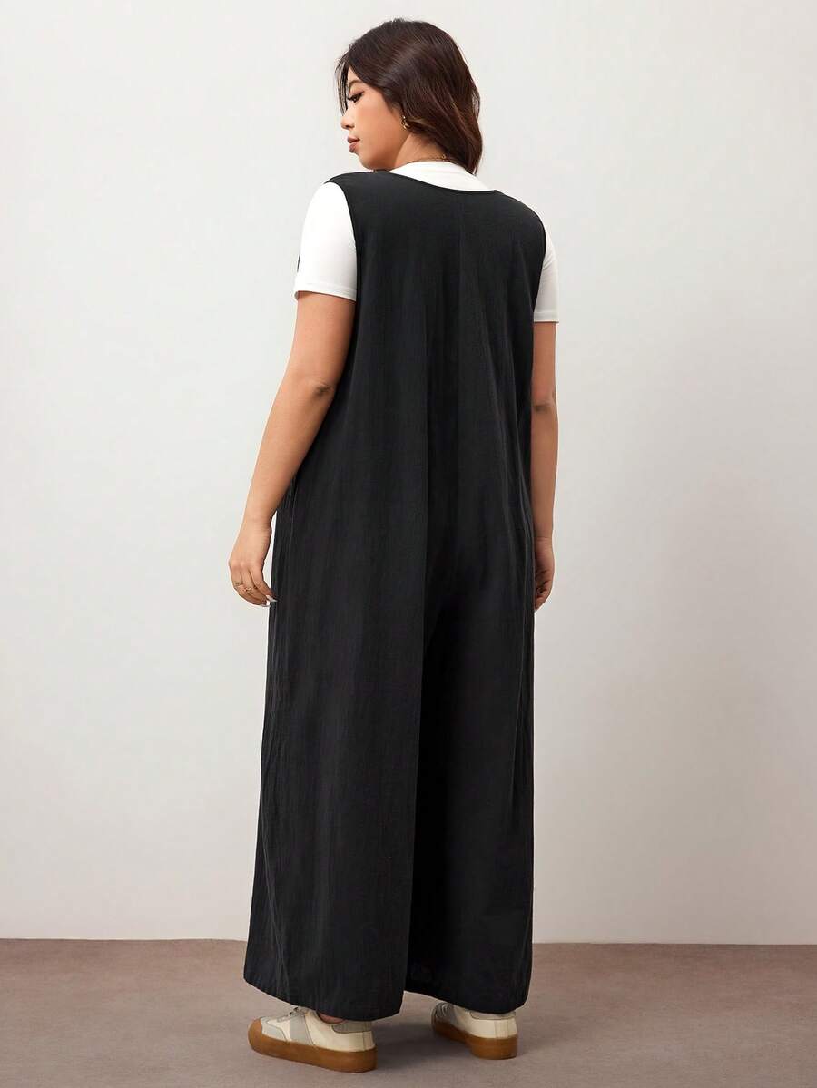 Enliva Plus Size Women's Wide Leg Jumpsuit With Tie Front And Pockets, Loose Fit, Compatible With Apple Rounded Body Shape/2026 /New Year