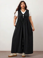 Enliva Plus Size Women's Wide Leg Jumpsuit With Tie Front And Pockets, Loose Fit, Compatible With Apple Rounded Body Shape/2026 /New Year