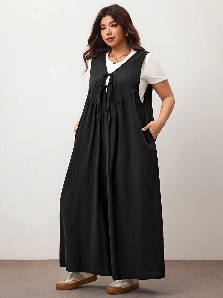 Enliva Plus Size Women's Wide Leg Jumpsuit With Tie Front And Pockets, Loose Fit, Compatible With Apple Rounded Body Shape/2026 /New Year