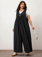 Enliva Plus Size Women's Wide Leg Jumpsuit With Tie Front And Pockets, Loose Fit, Compatible With Apple Rounded Body Shape/2026 /New Year