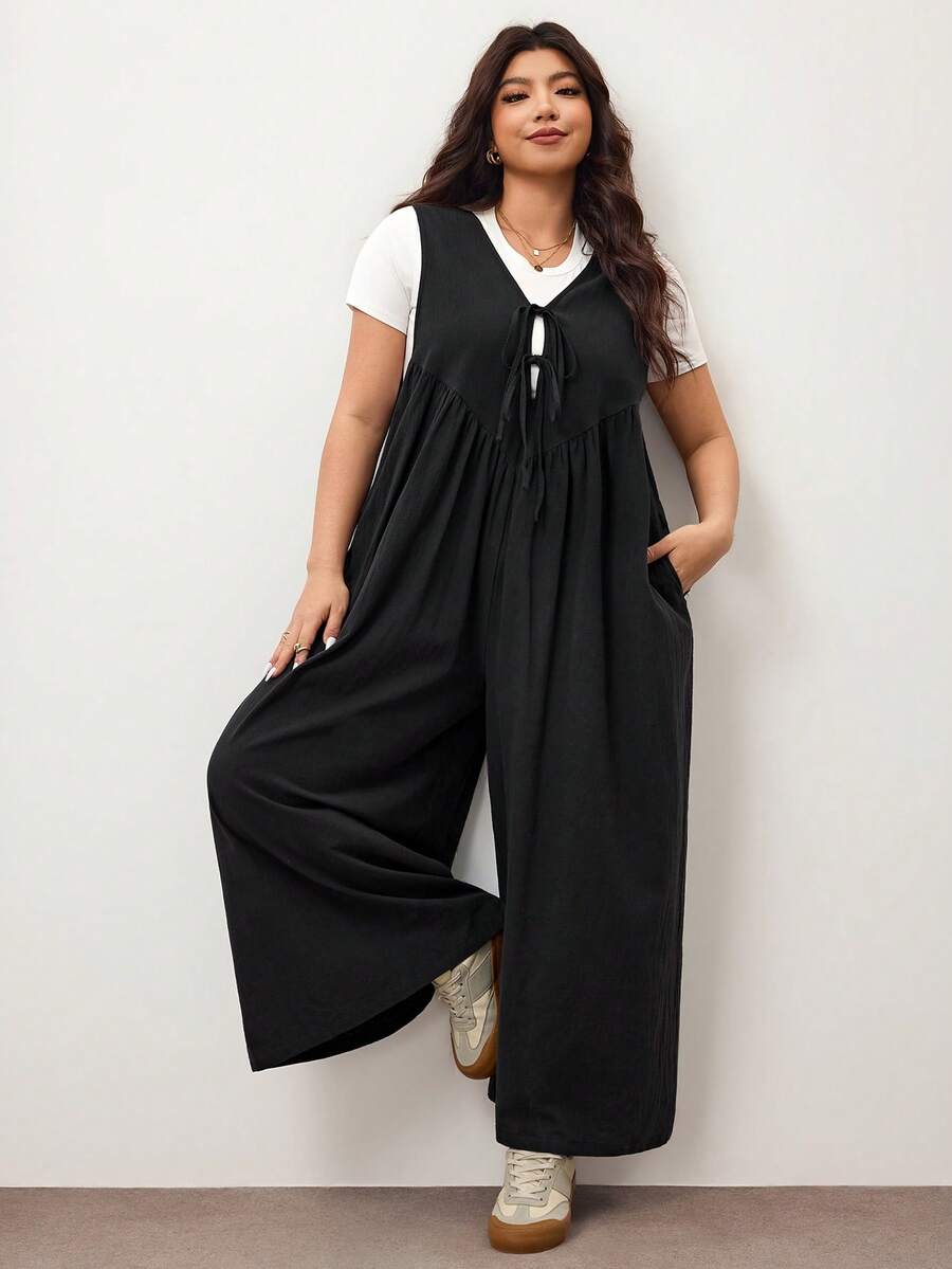 Enliva Plus Size Women's Wide Leg Jumpsuit With Tie Front And Pockets, Loose Fit, Compatible With Apple Rounded Body Shape/2026 /New Year