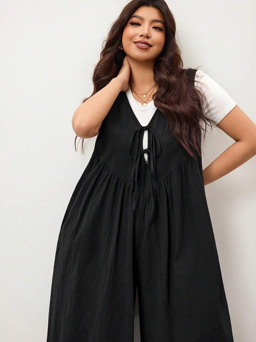 Enliva Plus Size Women's Wide Leg Jumpsuit With Tie Front And Pockets, Loose Fit, Compatible With Apple Rounded Body Shape/2026 /New Year