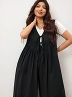 Enliva Plus Size Women's Wide Leg Jumpsuit With Tie Front And Pockets, Loose Fit, Compatible With Apple Rounded Body Shape/2026 /New Year