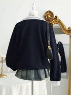 Lalippa Casual Versatile Embroidered Detail Half-Zip Collar Sweatshirt, Christmas
