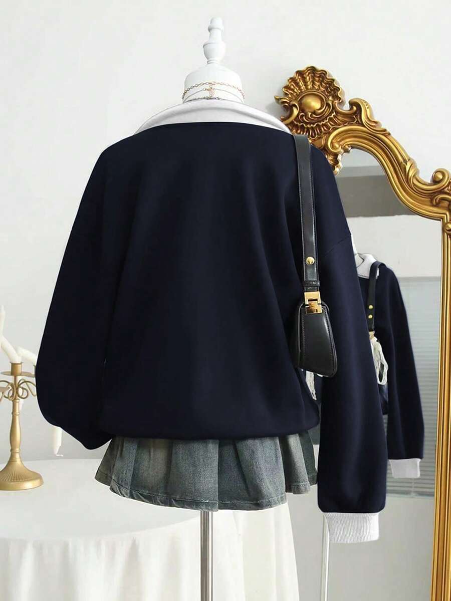 Lalippa Casual Versatile Embroidered Detail Half-Zip Collar Sweatshirt, Christmas