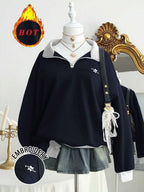 Lalippa Casual Versatile Embroidered Detail Half-Zip Collar Sweatshirt, Christmas