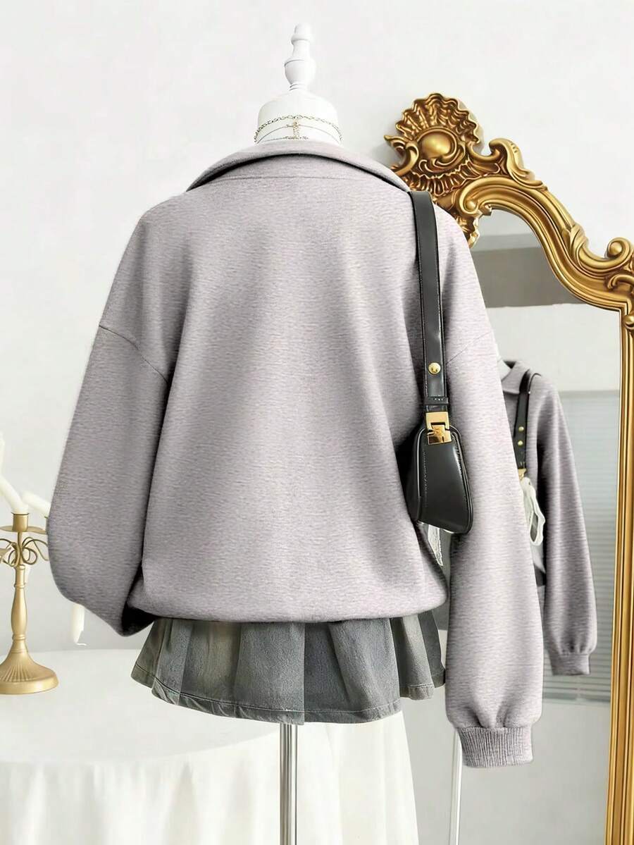 Lalippa Casual Versatile Embroidered Detail Half-Zip Collar Sweatshirt, Christmas