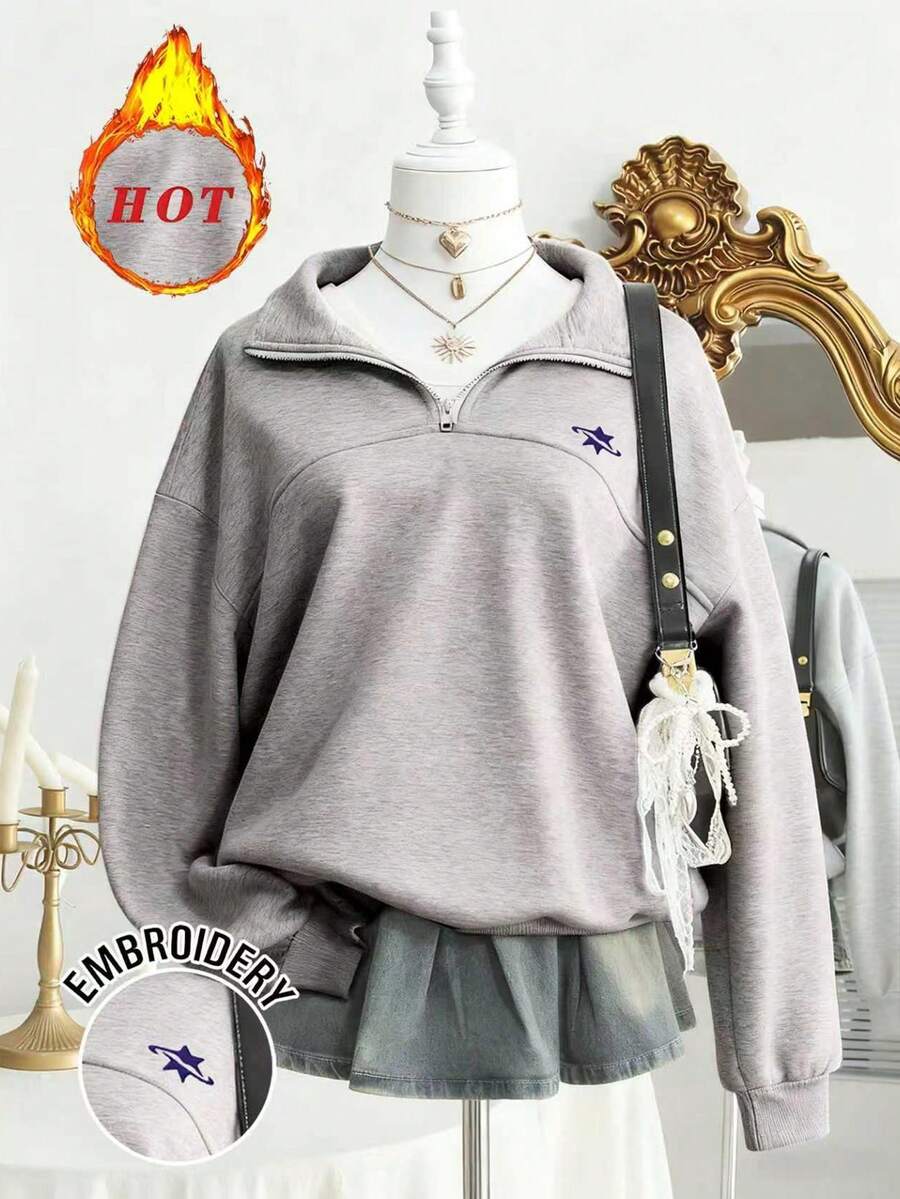 Lalippa Casual Versatile Embroidered Detail Half-Zip Collar Sweatshirt, Christmas