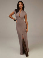 Athîral Women's Brown Casual Short-Sleeved Long Dress, Open-Front Design, Maillard Style, Comfortable And Soft Knit Fabric, Suitable As A Base Layer Dress,Brown Long Dress,Elegant Dresses For Women,Casual Long Dresses, Long Dress With Slit, Bodycon Maxi Dress Women, Tight Long Dress, Sexy Long Dress, Earth Tone Dress,Summer Outfits For Women,Spring Outfit Women,Valentine Outfits For Women