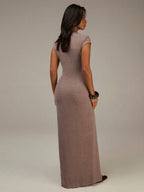 Athîral Women's Brown Casual Short-Sleeved Long Dress, Open-Front Design, Maillard Style, Comfortable And Soft Knit Fabric, Suitable As A Base Layer Dress,Brown Long Dress,Elegant Dresses For Women,Casual Long Dresses, Long Dress With Slit, Bodycon Maxi Dress Women, Tight Long Dress, Sexy Long Dress, Earth Tone Dress,Summer Outfits For Women,Spring Outfit Women,Valentine Outfits For Women