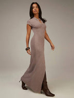 Athîral Women's Brown Casual Short-Sleeved Long Dress, Open-Front Design, Maillard Style, Comfortable And Soft Knit Fabric, Suitable As A Base Layer Dress,Brown Long Dress,Elegant Dresses For Women,Casual Long Dresses, Long Dress With Slit, Bodycon Maxi Dress Women, Tight Long Dress, Sexy Long Dress, Earth Tone Dress,Summer Outfits For Women,Spring Outfit Women,Valentine Outfits For Women