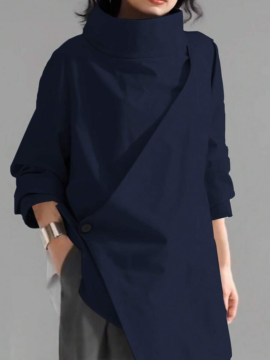 Women's Casual High Neck Loose Pullover Sweater, Solid Color Woven Fabric, Button Decor, Suitable For Office, Daily Wear, Vacation, Spring/Autumn