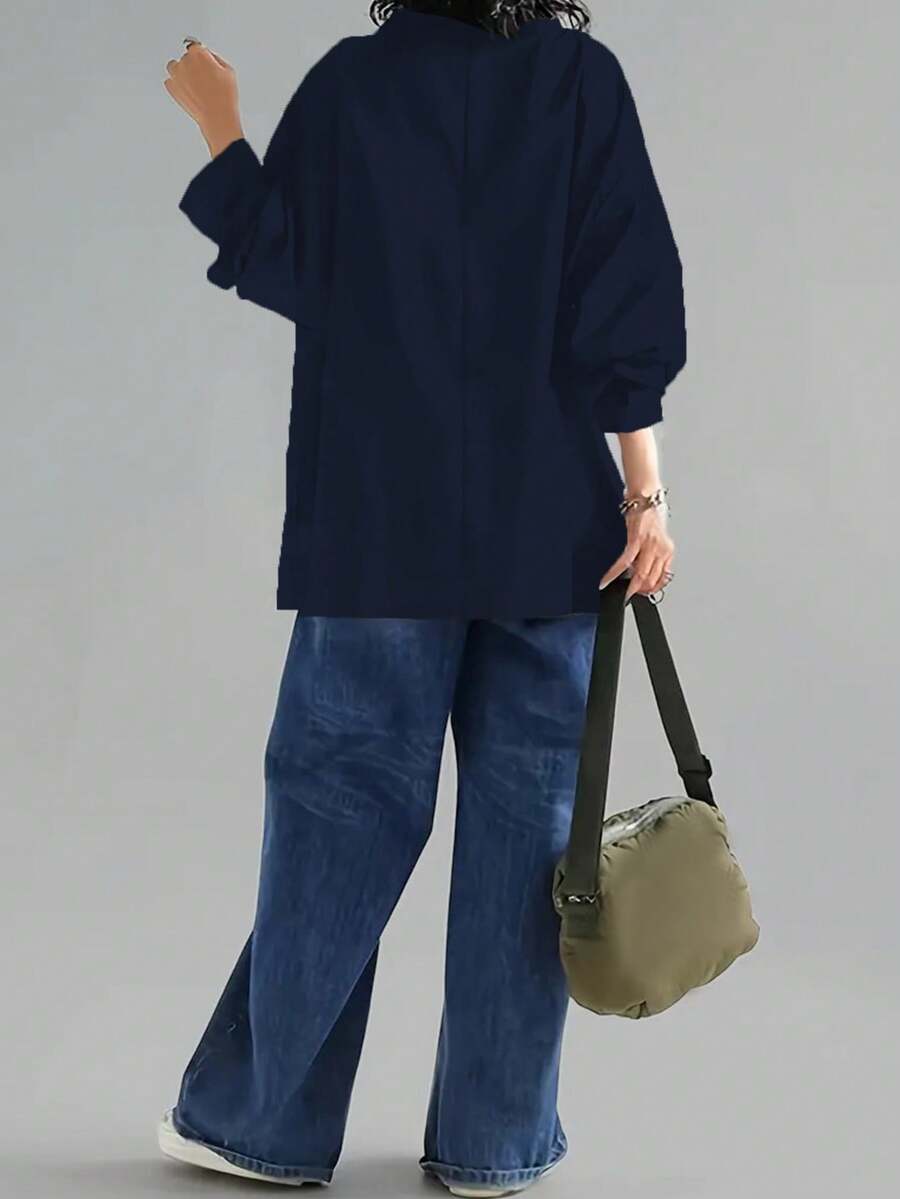Women's Casual High Neck Loose Pullover Sweater, Solid Color Woven Fabric, Button Decor, Suitable For Office, Daily Wear, Vacation, Spring/Autumn