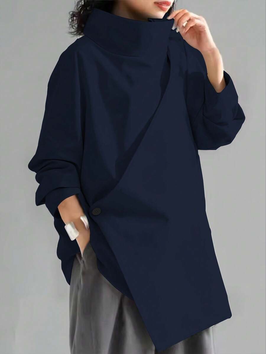 Women's Casual High Neck Loose Pullover Sweater, Solid Color Woven Fabric, Button Decor, Suitable For Office, Daily Wear, Vacation, Spring/Autumn
