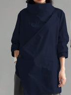 Women's Casual High Neck Loose Pullover Sweater, Solid Color Woven Fabric, Button Decor, Suitable For Office, Daily Wear, Vacation, Spring/Autumn