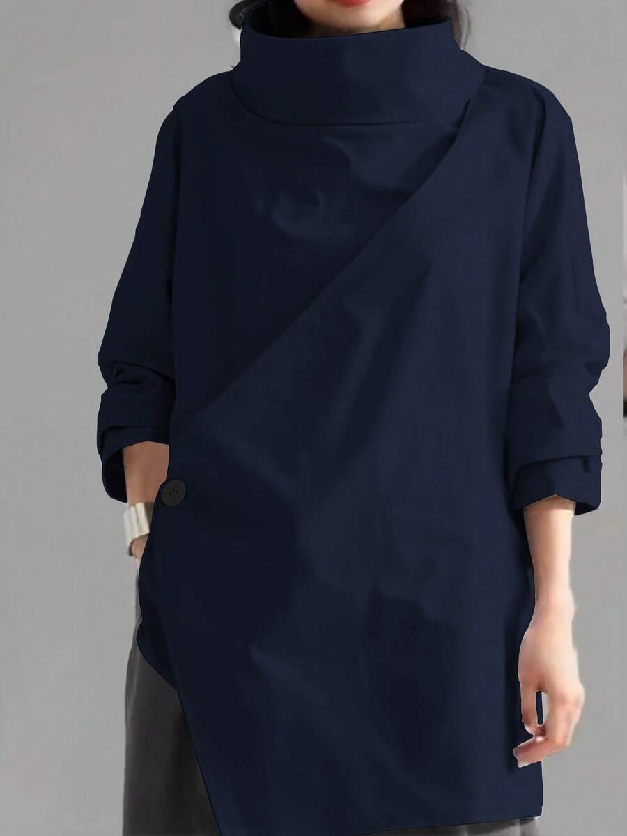 Women's Casual High Neck Loose Pullover Sweater, Solid Color Woven Fabric, Button Decor, Suitable For Office, Daily Wear, Vacation, Spring/Autumn