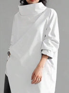 Women's Casual High Neck Loose Pullover Sweater, Solid Color Woven Fabric, Button Decor, Suitable For Office, Daily Wear, Vacation, Spring/Autumn