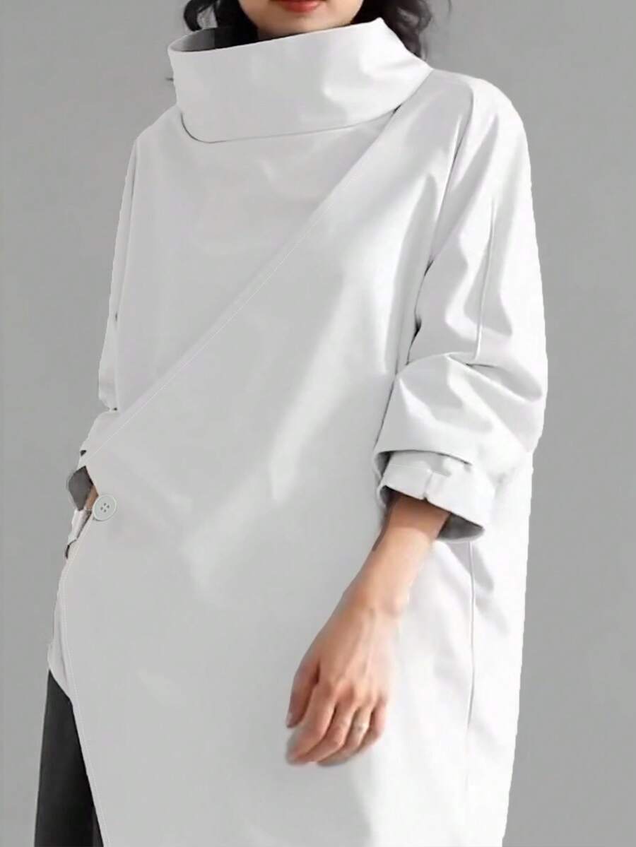 Women's Casual High Neck Loose Pullover Sweater, Solid Color Woven Fabric, Button Decor, Suitable For Office, Daily Wear, Vacation, Spring/Autumn