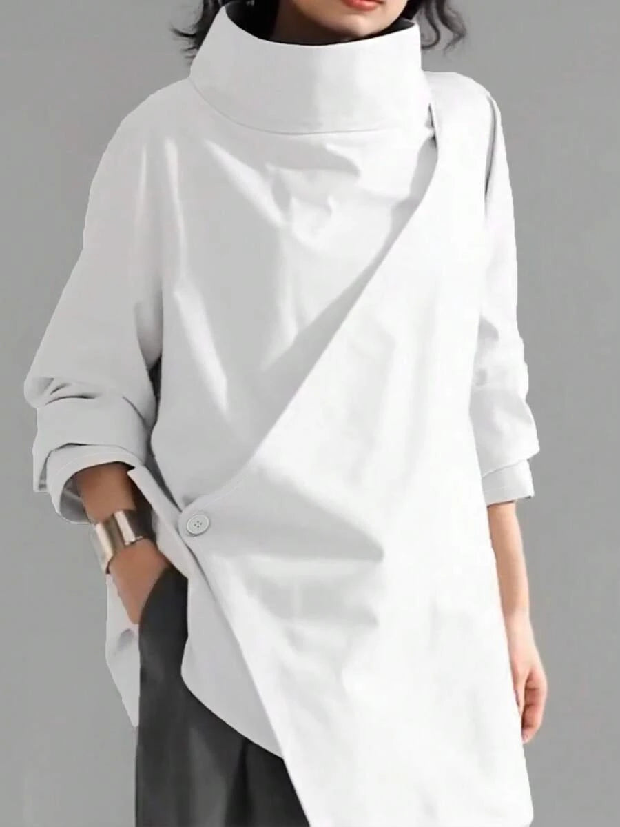 Women's Casual High Neck Loose Pullover Sweater, Solid Color Woven Fabric, Button Decor, Suitable For Office, Daily Wear, Vacation, Spring/Autumn