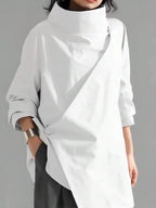 Women's Casual High Neck Loose Pullover Sweater, Solid Color Woven Fabric, Button Decor, Suitable For Office, Daily Wear, Vacation, Spring/Autumn