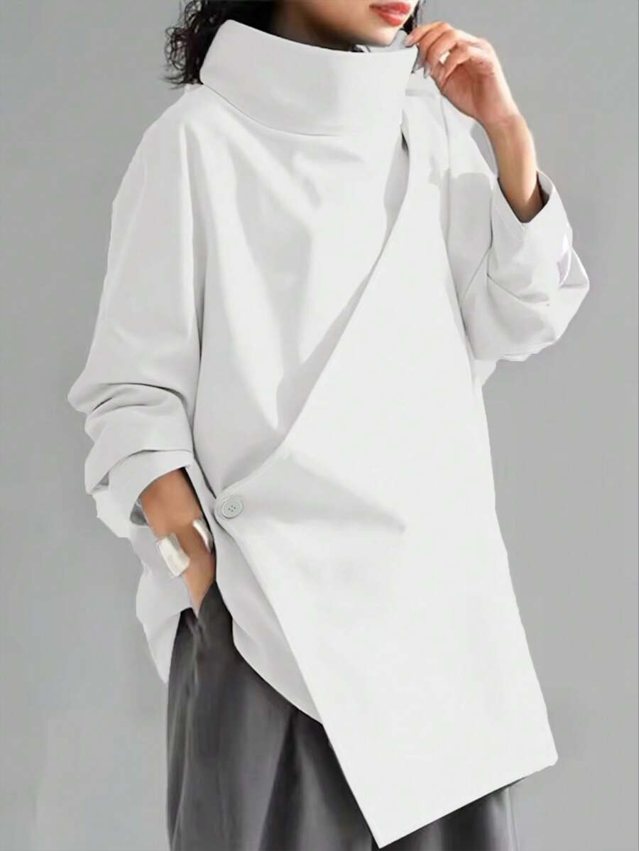 Women's Casual High Neck Loose Pullover Sweater, Solid Color Woven Fabric, Button Decor, Suitable For Office, Daily Wear, Vacation, Spring/Autumn