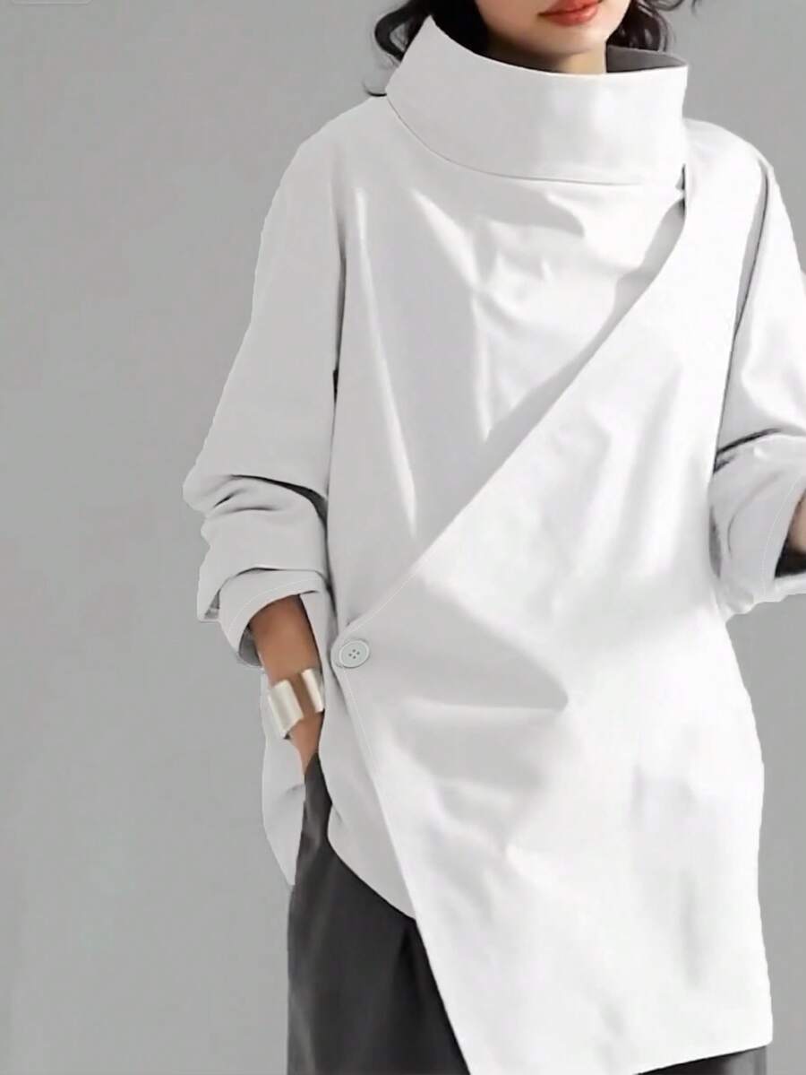 Women's Casual High Neck Loose Pullover Sweater, Solid Color Woven Fabric, Button Decor, Suitable For Office, Daily Wear, Vacation, Spring/Autumn
