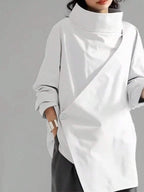 Women's Casual High Neck Loose Pullover Sweater, Solid Color Woven Fabric, Button Decor, Suitable For Office, Daily Wear, Vacation, Spring/Autumn