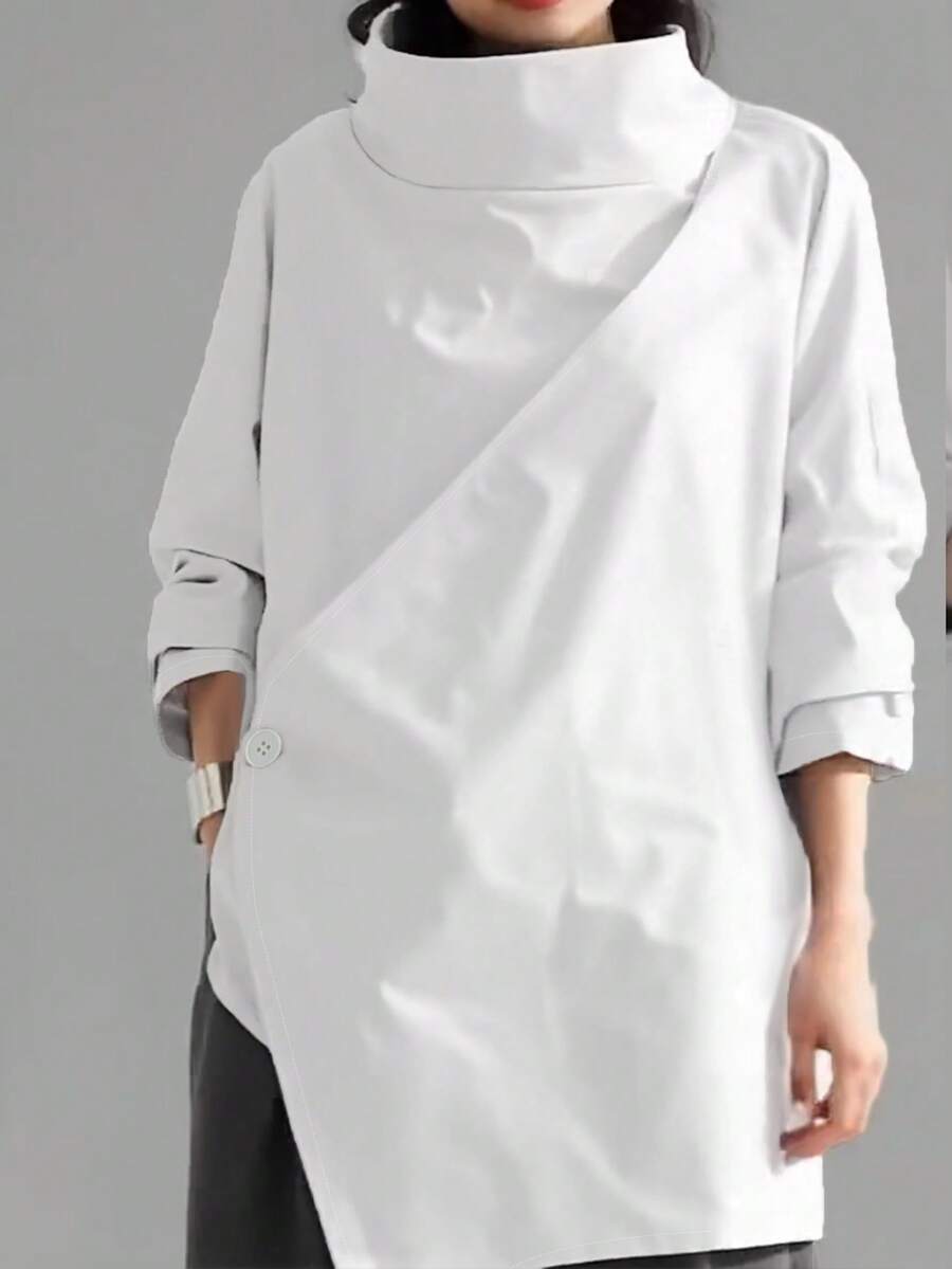 Women's Casual High Neck Loose Pullover Sweater, Solid Color Woven Fabric, Button Decor, Suitable For Office, Daily Wear, Vacation, Spring/Autumn