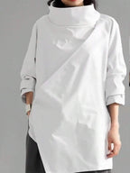 Women's Casual High Neck Loose Pullover Sweater, Solid Color Woven Fabric, Button Decor, Suitable For Office, Daily Wear, Vacation, Spring/Autumn