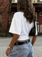 New Fashionable Elegant Solid Color Casual Versatile Waist Ruched T-Shirt, Suitable For Daily, School, Beach, Vacation, And Home Wear