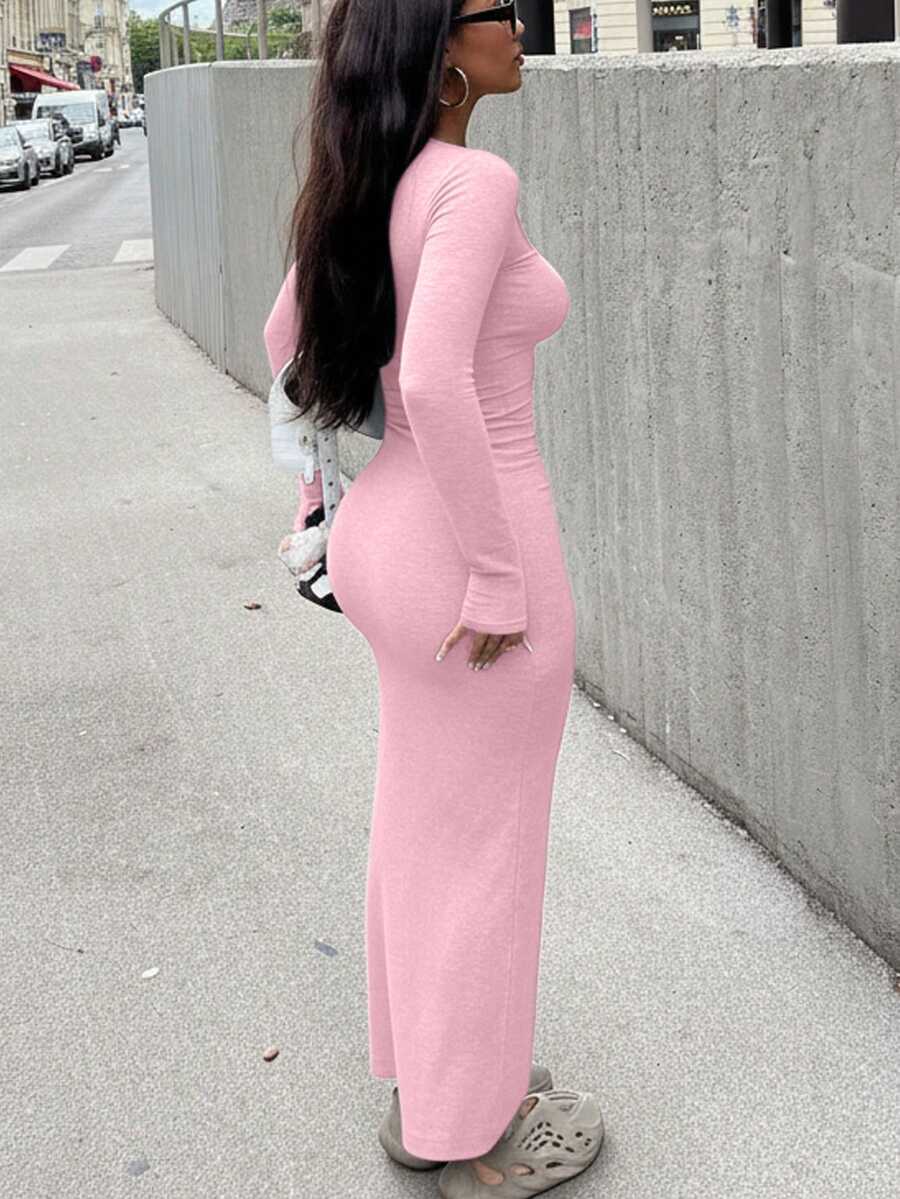 Elegant Long Sleeve Fitted Dress - Ribbed Knit Fabric, Round Neck Design, Slim Fit, Easy To Create Fashionable Look. Tip: For A More Fitted Effect, It Is Recommended To Choose One Size Smaller.