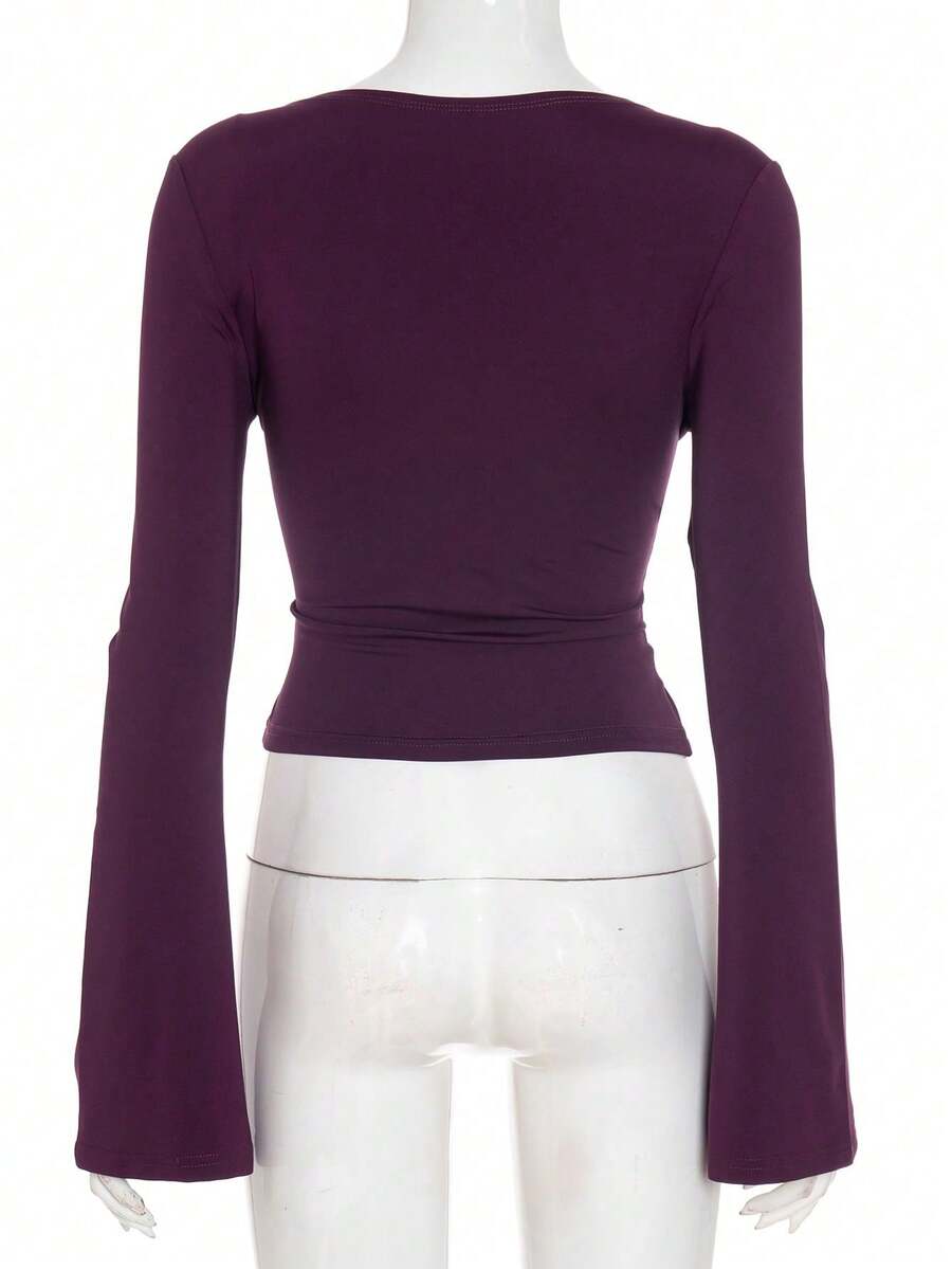 Elegant Deep V-Neck Purple Red Knit Long Sleeve Top, Flared Sleeve Design, Medium Stretch, Suitable For Women Going Out, Spring And Summer