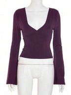 Elegant Deep V-Neck Purple Red Knit Long Sleeve Top, Flared Sleeve Design, Medium Stretch, Suitable For Women Going Out, Spring And Summer