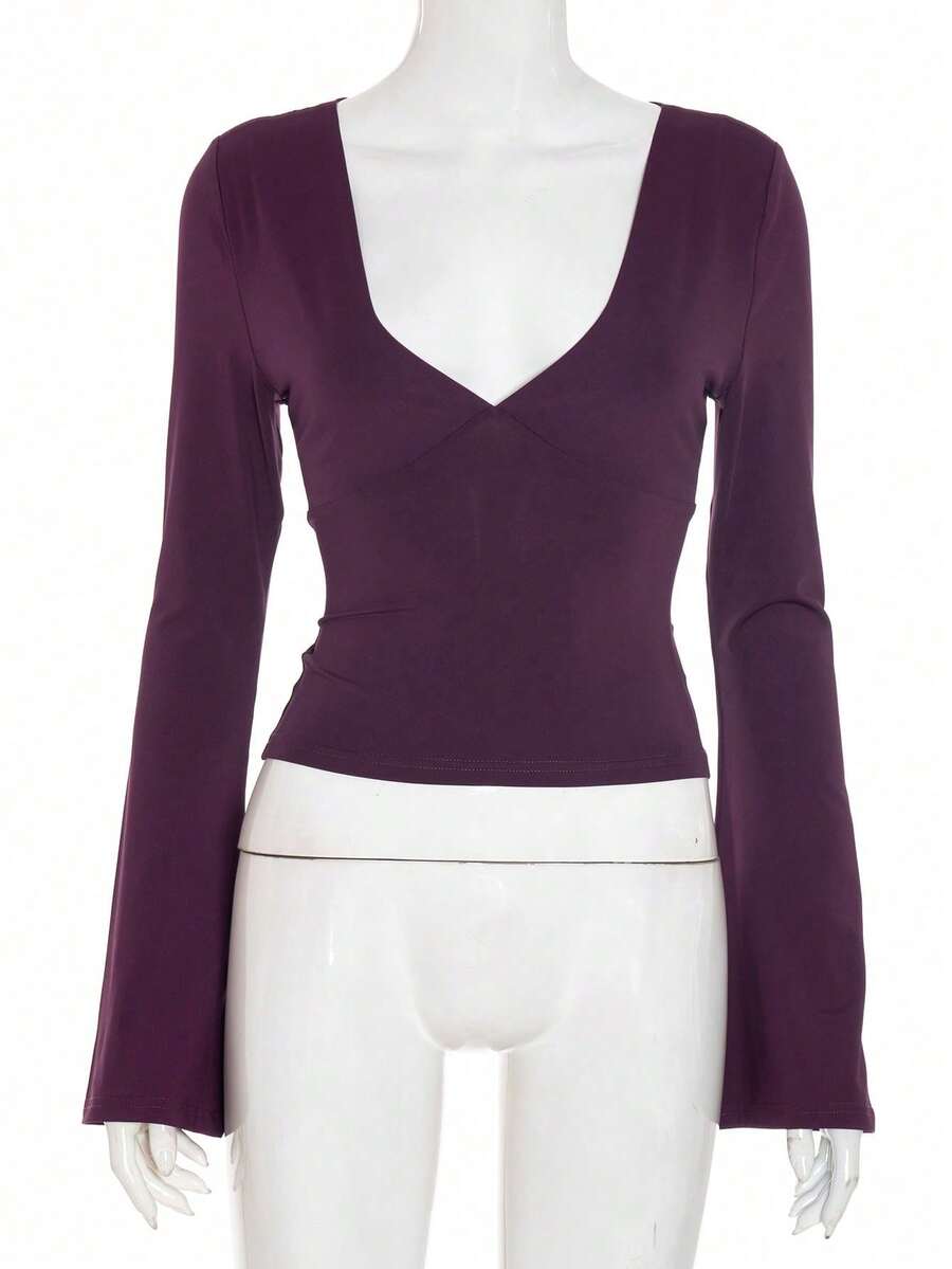 Elegant Deep V-Neck Purple Red Knit Long Sleeve Top, Flared Sleeve Design, Medium Stretch, Suitable For Women Going Out, Spring And Summer