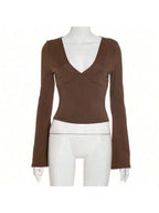 Elegant Deep V-Neck Purple Red Knit Long Sleeve Top, Flared Sleeve Design, Medium Stretch, Suitable For Women Going Out, Spring And Summer