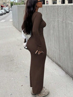 Elegant Long Sleeve Fitted Dress - Ribbed Knit Fabric, Round Neck Design, Slim Fit, Easy To Create Fashionable Look. Tip: For A More Fitted Effect, It Is Recommended To Choose One Size Smaller.