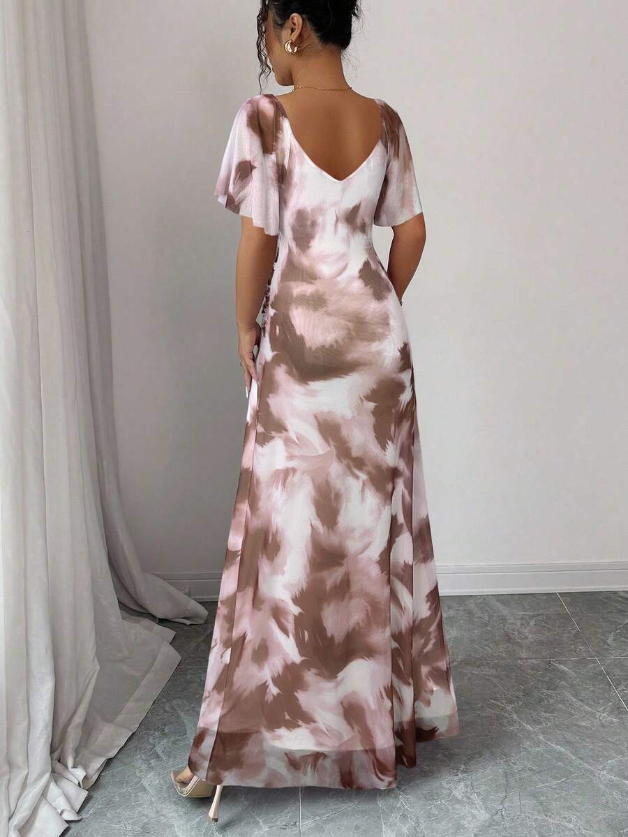 Elenzga Women's Light Purple V-Neck Ruffle Sleeve Pleated Waist Split Dress, Elegant Bridesmaid Dress, Party Gown, Spring/Summer
