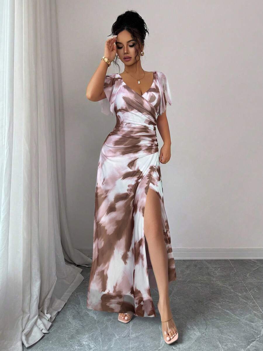 Elenzga Women's Light Purple V-Neck Ruffle Sleeve Pleated Waist Split Dress, Elegant Bridesmaid Dress, Party Gown, Spring/Summer