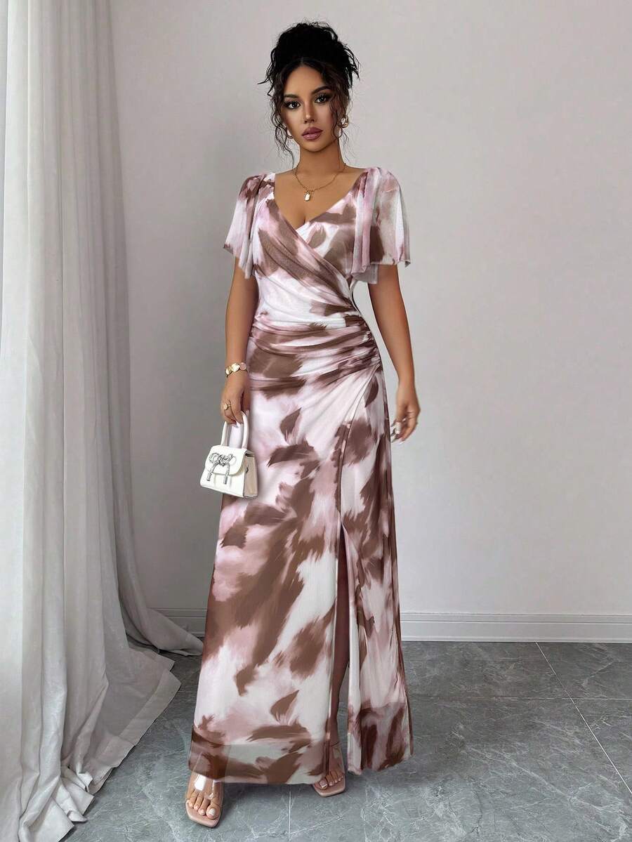 Elenzga Women's Light Purple V-Neck Ruffle Sleeve Pleated Waist Split Dress, Elegant Bridesmaid Dress, Party Gown, Spring/Summer