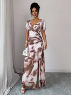 Elenzga Women's Light Purple V-Neck Ruffle Sleeve Pleated Waist Split Dress, Elegant Bridesmaid Dress, Party Gown, Spring/Summer