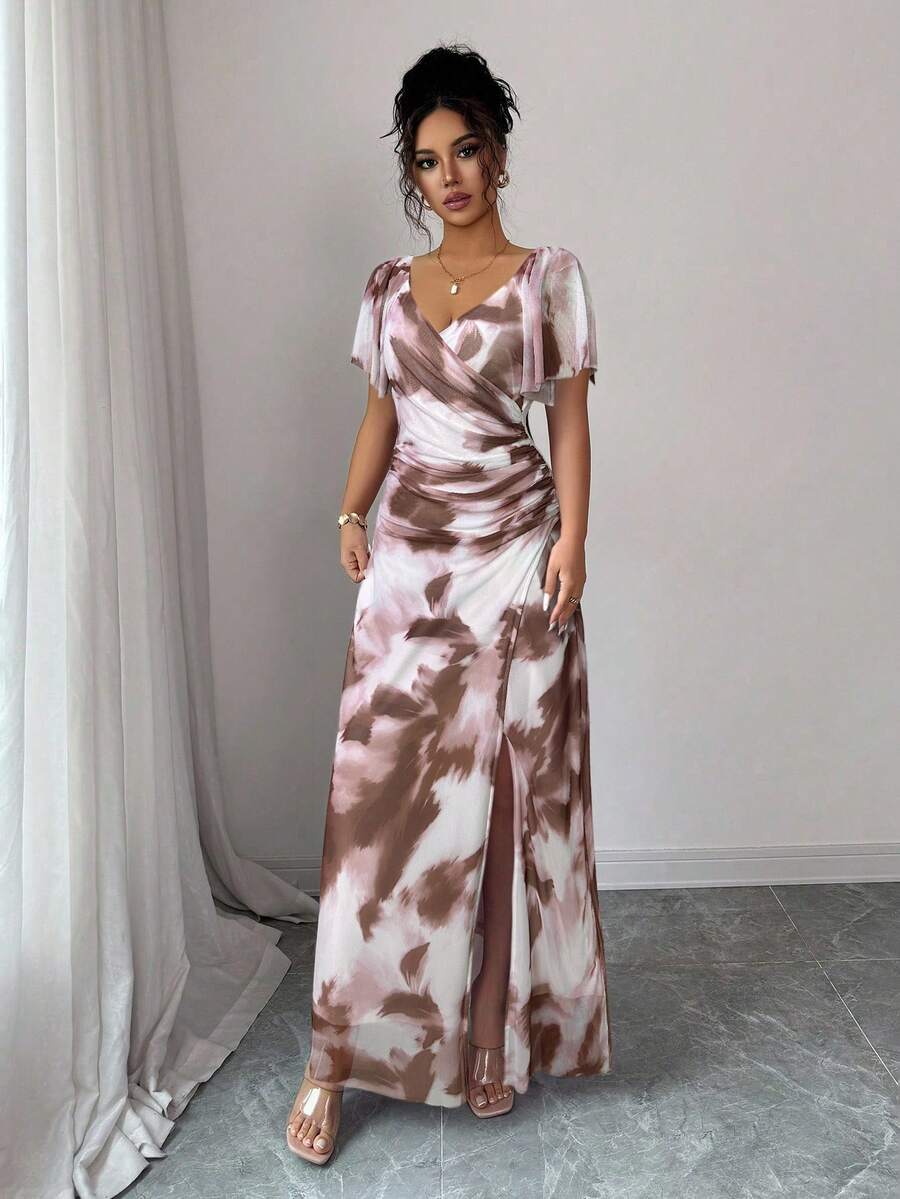Elenzga Women's Light Purple V-Neck Ruffle Sleeve Pleated Waist Split Dress, Elegant Bridesmaid Dress, Party Gown, Spring/Summer
