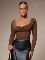 Silquee Women's Solid Color Plunging Neck Long Sleeve Fitted Fashionable Mesh Blouse See Through Top Mesh Top Top Long Sleeve Top