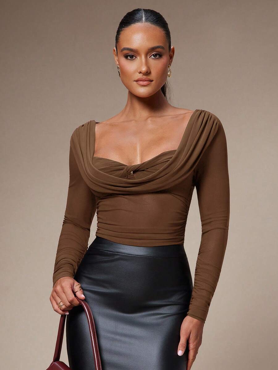 Silquee Women's Solid Color Plunging Neck Long Sleeve Fitted Fashionable Mesh Blouse See Through Top Mesh Top Top Long Sleeve Top