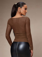 Silquee Women's Solid Color Plunging Neck Long Sleeve Fitted Fashionable Mesh Blouse See Through Top Mesh Top Top Long Sleeve Top