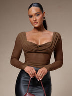 Silquee Women's Solid Color Plunging Neck Long Sleeve Fitted Fashionable Mesh Blouse See Through Top Mesh Top Top Long Sleeve Top
